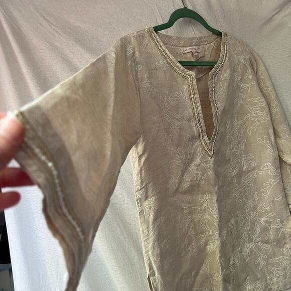 Barbara Gerwit Tan/White Linen Coral Pattern 3/4 Sleeve Tunic Top - Picture 2 of 7